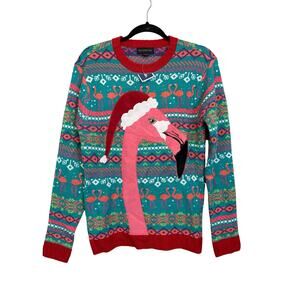 Blizzard Bay Flamingo Ugly Christmas Sweater Small Teal Pink Small Holiday Party